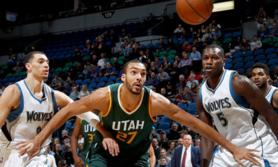 November 28, 2016 - Minneapolis, MN, USA - Zach LaVine (8), Rudy Gobert (27) and Gorgui Dieng (5) chase a loose ball in the first quarter during a game between the Utah Jazz and the Minnesota Timberwolves on Monday, Nov. 28, 2016 at Target Center in Minneapolis, Minn (Photo by Carlos Gonzalez/Zuma Press/Icon Sportswire)