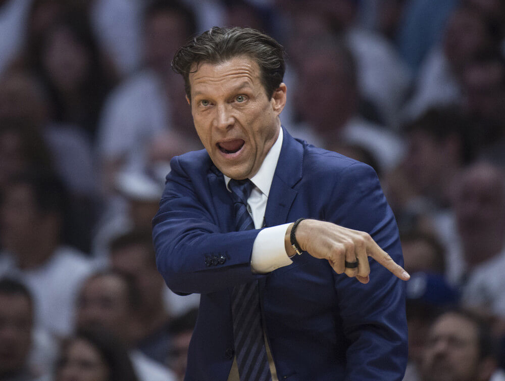 April 30, 2017 - Los Angeles, CA, USA - Jazz head coach Quin Snyder yells instructions to his players during the game 7 of Western Conference first-round series against the Clippers at Staples Center in Los Angeles on Sunday, April 30, 2017 (Photo by Kyusung Gong/Zuma Press/Icon Sportswire)