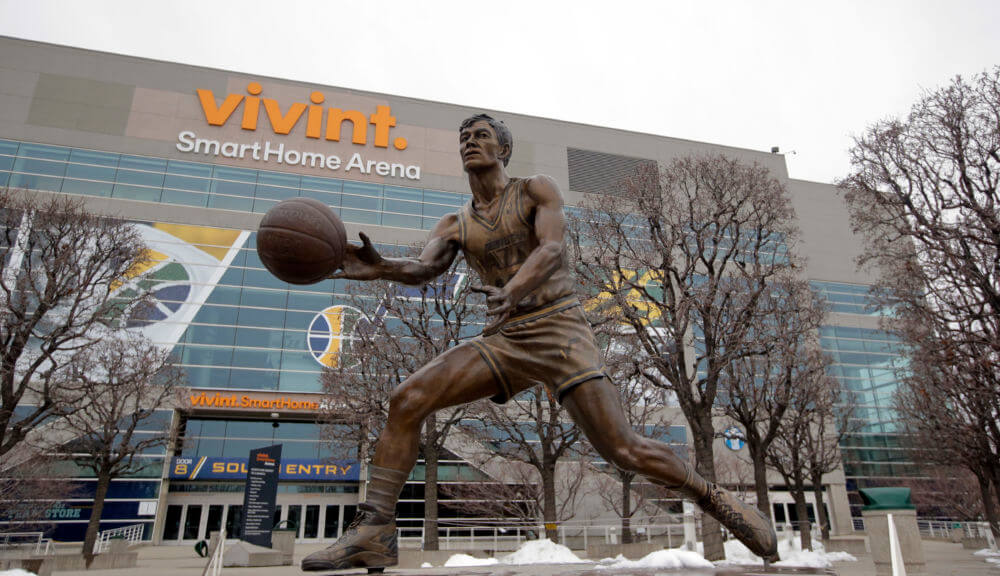 The Vivint Smart Home Arena is shown Monday, Jan. 23, 2017, in Salt Lake City. Gail Miller, owner of the the Larry H. Miller Group of Companies, announced she will transfer ownership of the Utah Jazz and Vivint Smart Home Arena to a Legacy Trust in order to keep the franchise in Utah for generations. (AP Photo/Rick Bowmer)