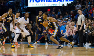 March 24, 2016: Utah Jazz Guard Rodney Hood (5) tries to make a play while Oklahoma City Thunder Guard Dion Waiters (3) plays defense at the Chesapeake Energy Arena (Photo by Torrey Purvey/Icon Sportswire)