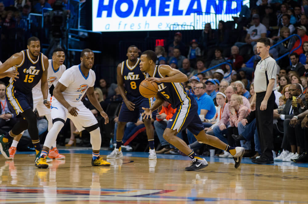 March 24, 2016: Utah Jazz Guard Rodney Hood (5) tries to make a play while Oklahoma City Thunder Guard Dion Waiters (3) plays defense at the Chesapeake Energy Arena (Photo by Torrey Purvey/Icon Sportswire)