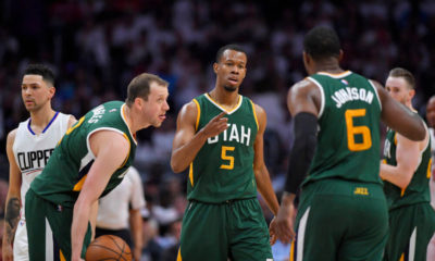 Utah Jazz guard Rodney Hood, center, celebrates with forward Joe Ingles, second from left, of Australia, and forward Joe Johnson, second from right, after scoring as Los Angeles Clippers guard Austin Rivers, left, walks away and forward Gordon Hayward watches during the second half in Game 7 of an NBA basketball first-round playoff series, Sunday, April 30, 2017, in Los Angeles. (AP Photo/Mark J. Terrill)