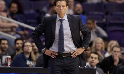 Utah Jazz head coach Quin Snyder looks on from the bench during the first half of a preseason NBA basketball game against the Phoenix Suns Monday, Oct. 9, 2017, in Phoenix. The Jazz defeated the Suns 120-102. (AP Photo/Ralph Freso)