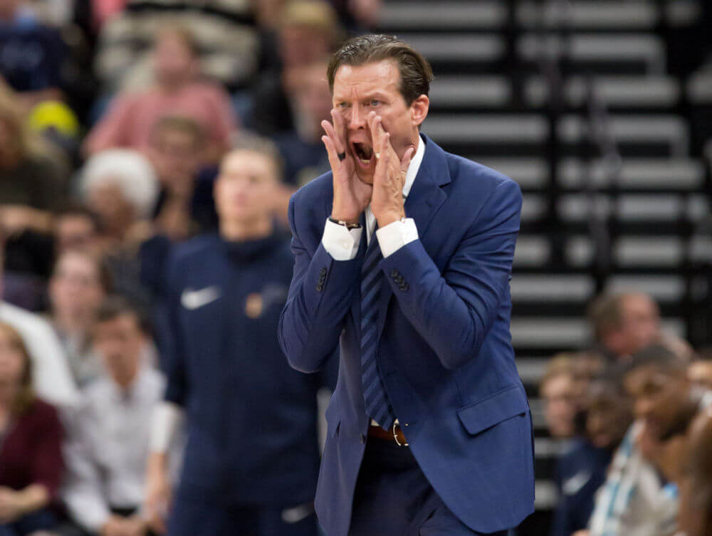 Oct 21, 2017; Salt Lake City, UT, USA; Utah Jazz head coach Quin Snyder yells to his players during the first half against the Oklahoma City Thunder at Vivint Smart Home Arena. Mandatory Credit: Russ Isabella-USA TODAY Sports