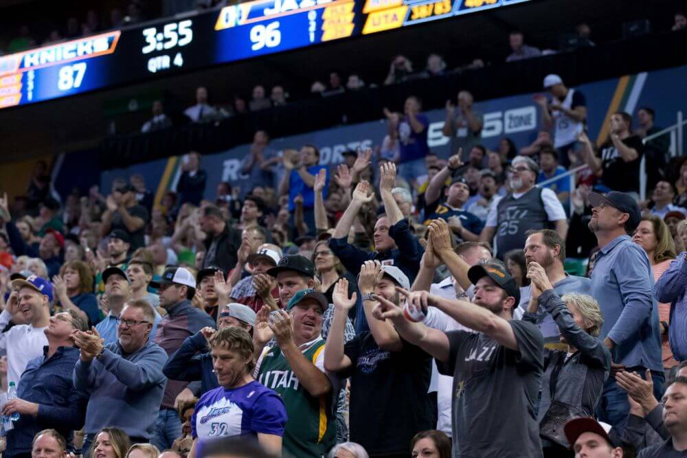 Mar 22, 2017; Salt Lake City, UT, USA; Utah Jazz fans react during the second half against the New York Knicks at Vivint Smart Home Arena. The Jazz won 108-101. Mandatory Credit: Russ Isabella-USA TODAY Sports
